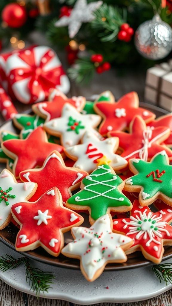 An assortment of decorated Christmas cookies in festive shapes and colors on a holiday platter.